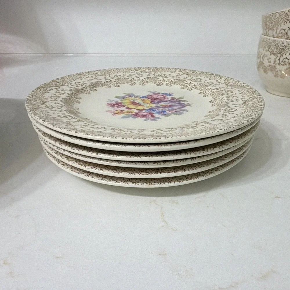 Ivory & Gold Floral Scroll Rim Round Ceramic Glossy set (see pics for quantity)